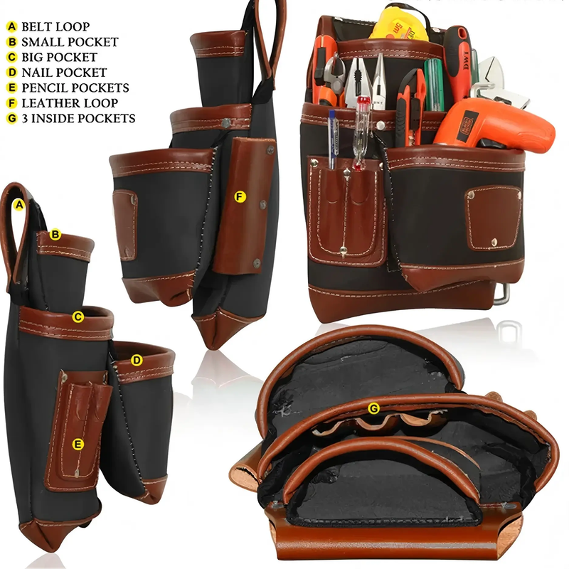 Professional Large Capacity Hammer Tool Holder Pouch Multi-Pockets Leather Tool Bags for Electricians Carpenters