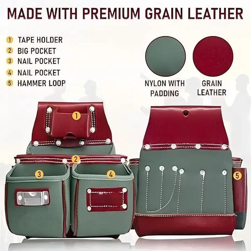 Large Capacity Electrician and Carpenters Genuine Leather Tool Holder Pouch Multi Pockets Mechanics Tool Bags