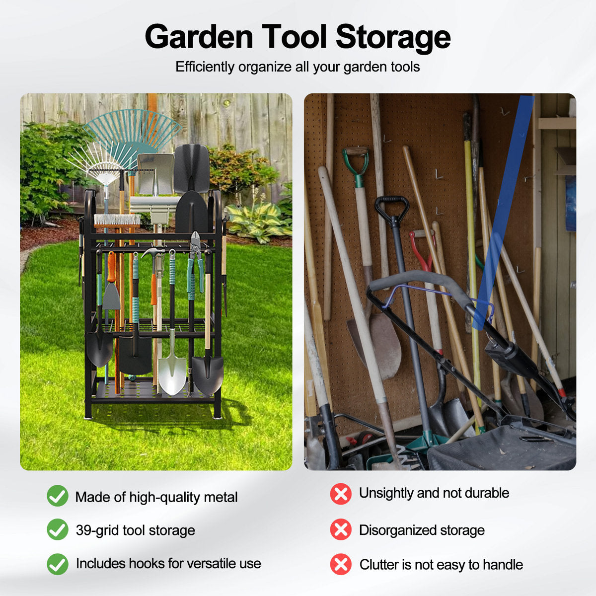 Garden Tool Organizer, Yard Tool Holder Rack for Long-Handled Tools Storage for Garage, Shed, Outdoor