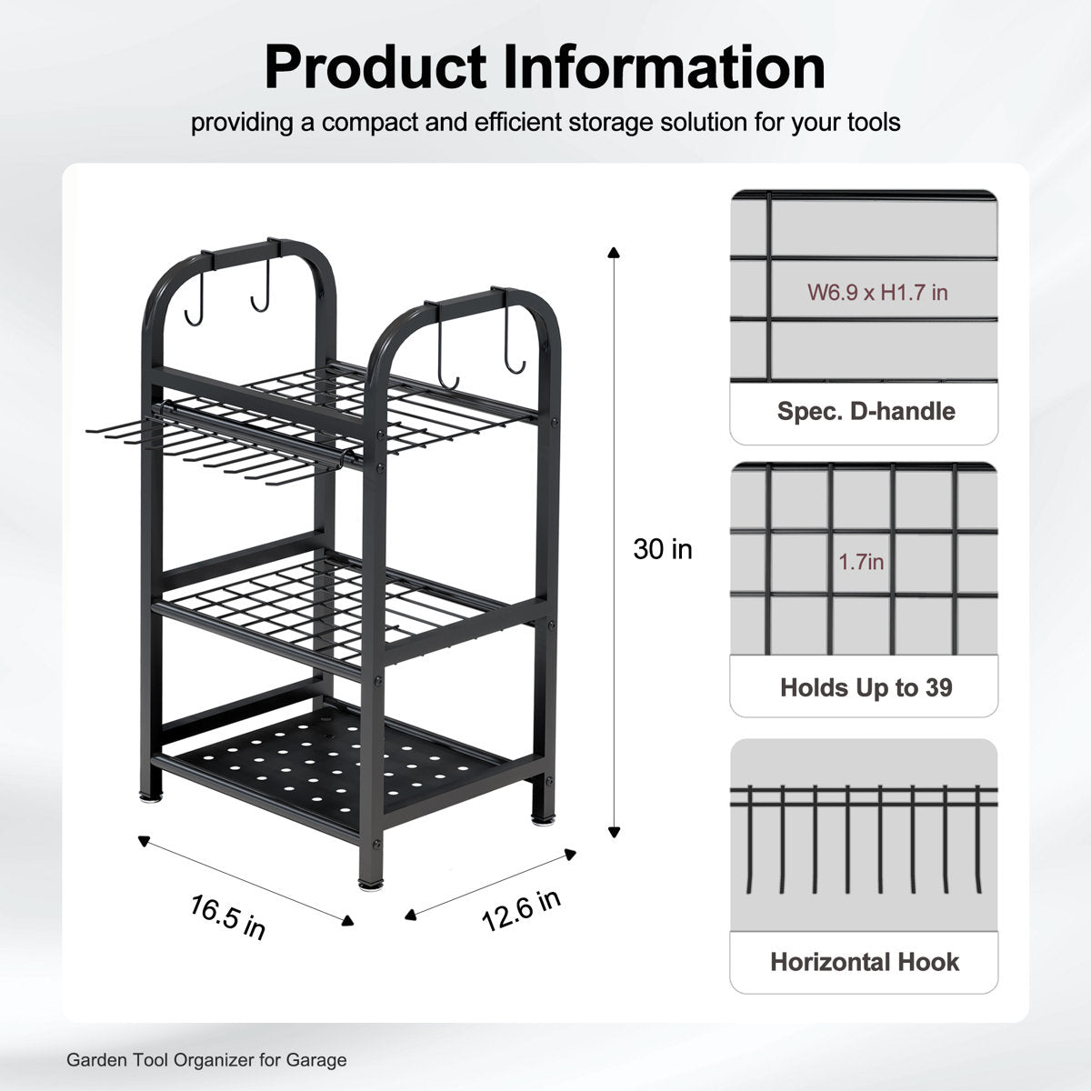 Garden Tool Organizer, Yard Tool Holder Rack for Long-Handled Tools Storage for Garage, Shed, Outdoor