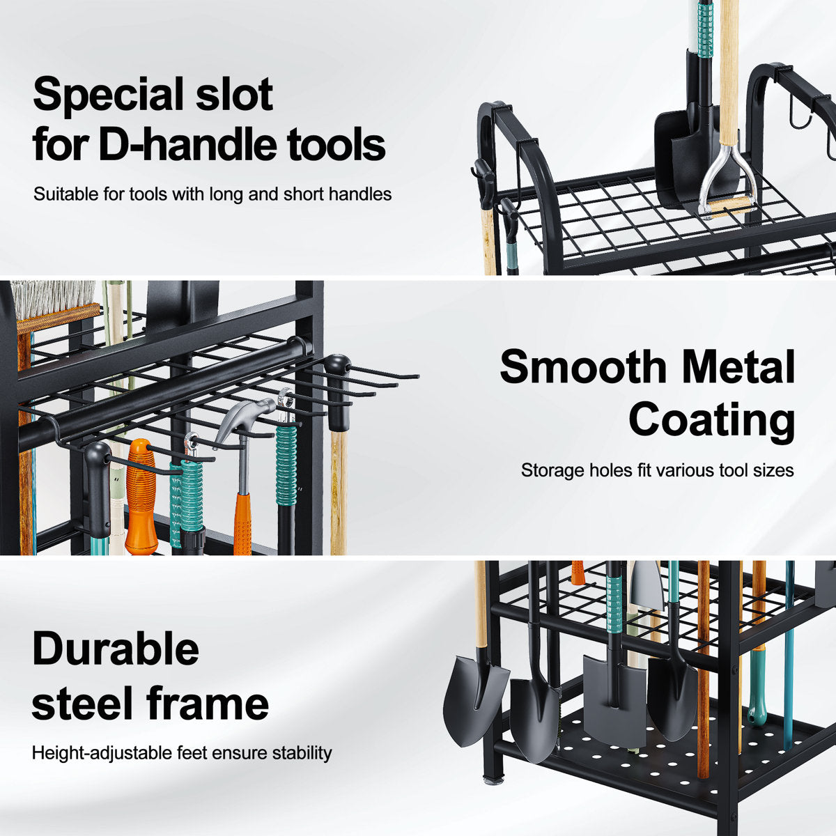 Garden Tool Organizer, Yard Tool Holder Rack for Long-Handled Tools Storage for Garage, Shed, Outdoor