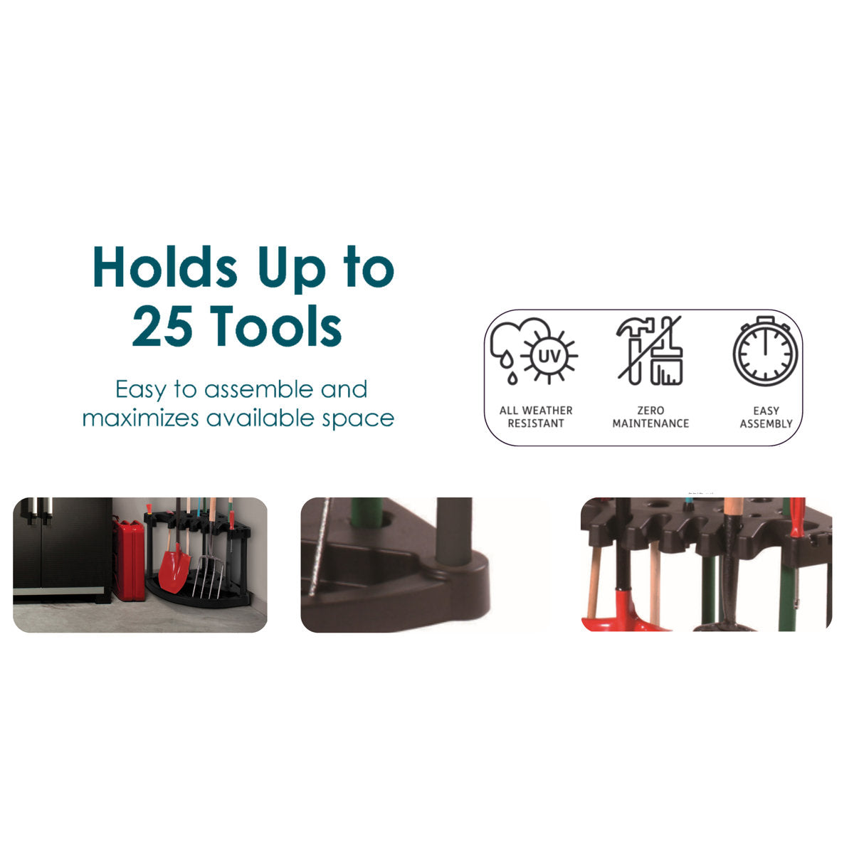 Compact Durable Resin Garage and Shed Corner Tool Rack and Organizer
