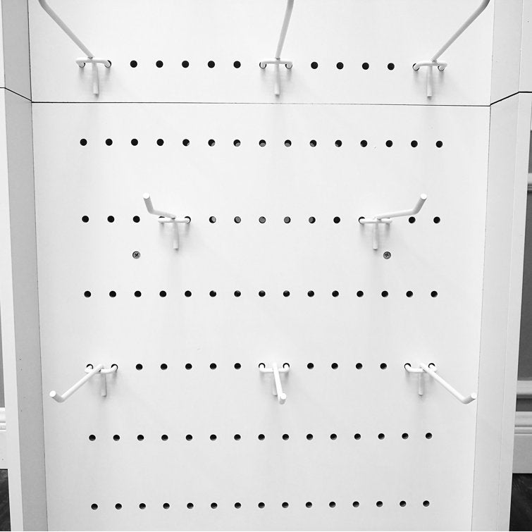 Pegwall Spinner Floor Rack Display Wood Merchandiser with 32 Pegboard Hooks 18'' x 18'' x 66''