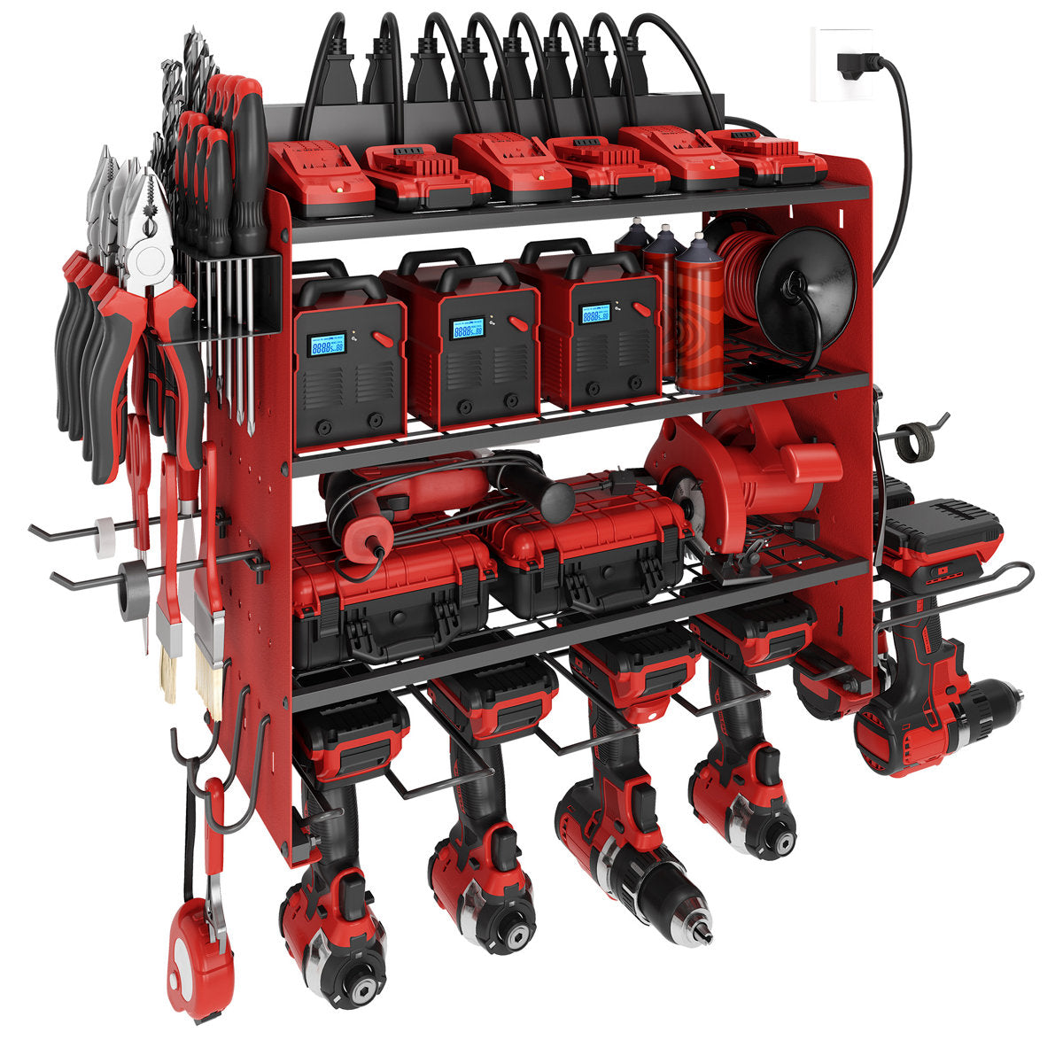 Modular Power Tool Organizer with Charging Station, Wall Mount Garage 4 Drill Shelf Rack