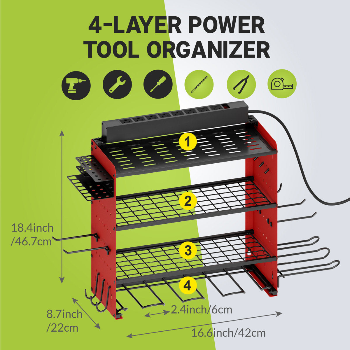 Modular Power Tool Organizer with Charging Station, Wall Mount Garage 4 Drill Shelf Rack