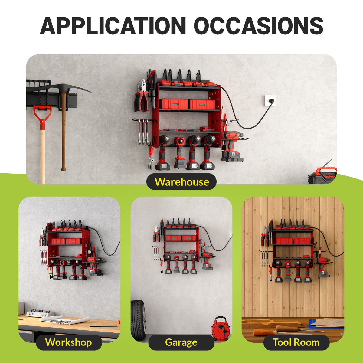 Modular Power Tool Organizer with Charging Station, Wall Mount Garage 4 Drill Shelf Rack