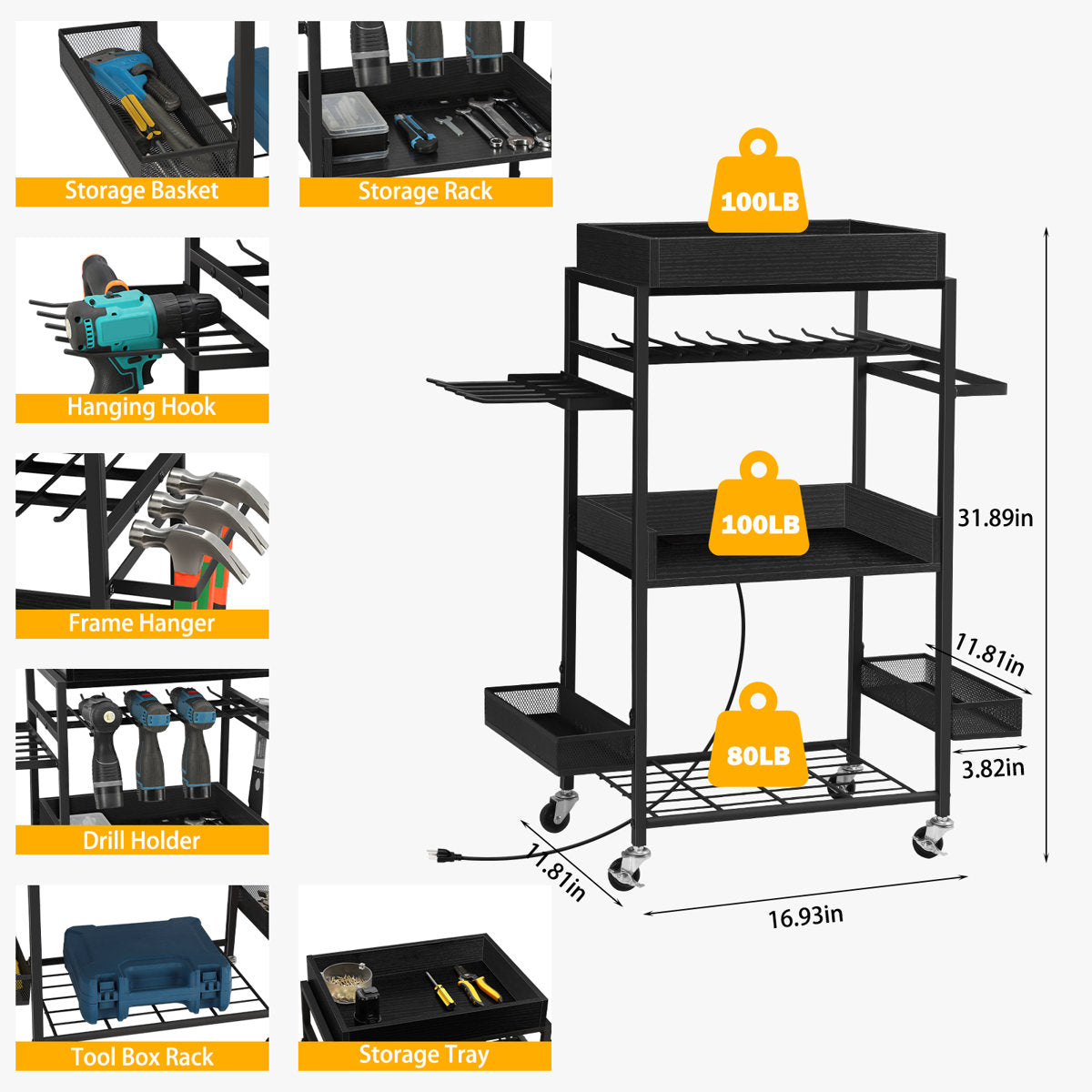 Wall Mounted Power Tool Organizer with Plug