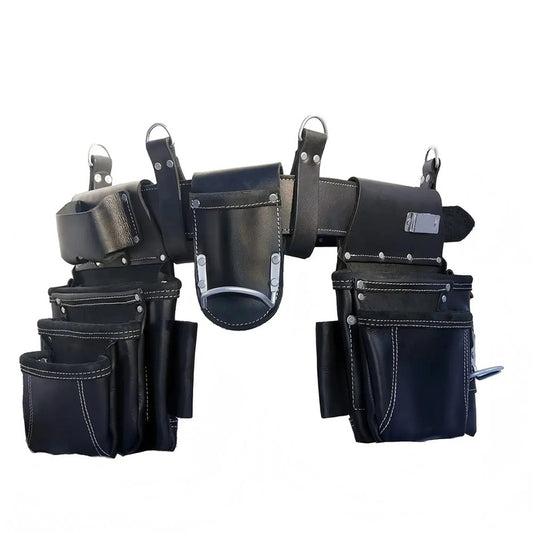 Cowhide Leather Tool Bag Heavy Duty 15 Pockets Tool Pouch with 7 Large 1 Tape Holder 4 D-Ring Tool Belt