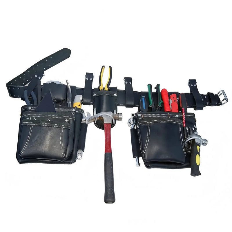 Cowhide Leather Tool Bag Heavy Duty 15 Pockets Tool Pouch with 7 Large 1 Tape Holder 4 D-Ring Tool Belt
