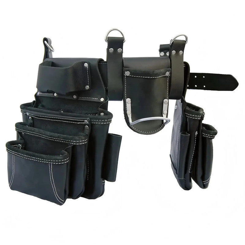 Cowhide Leather Tool Bag Heavy Duty 15 Pockets Tool Pouch with 7 Large 1 Tape Holder 4 D-Ring Tool Belt