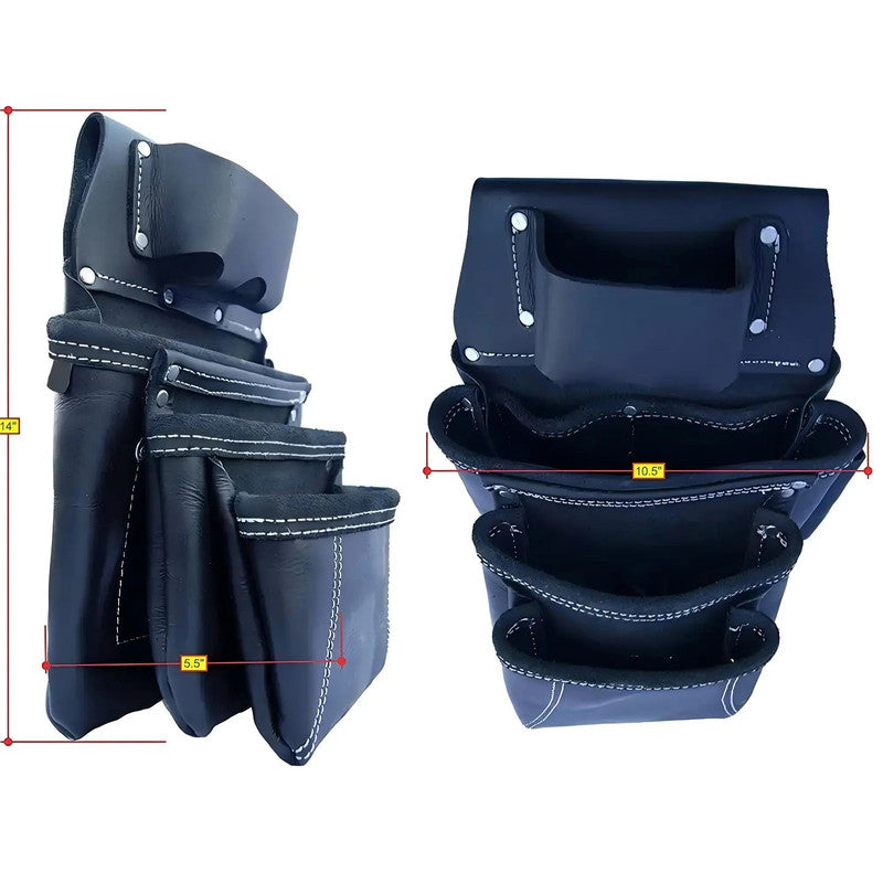 Cowhide Leather Tool Bag Heavy Duty 15 Pockets Tool Pouch with 7 Large 1 Tape Holder 4 D-Ring Tool Belt