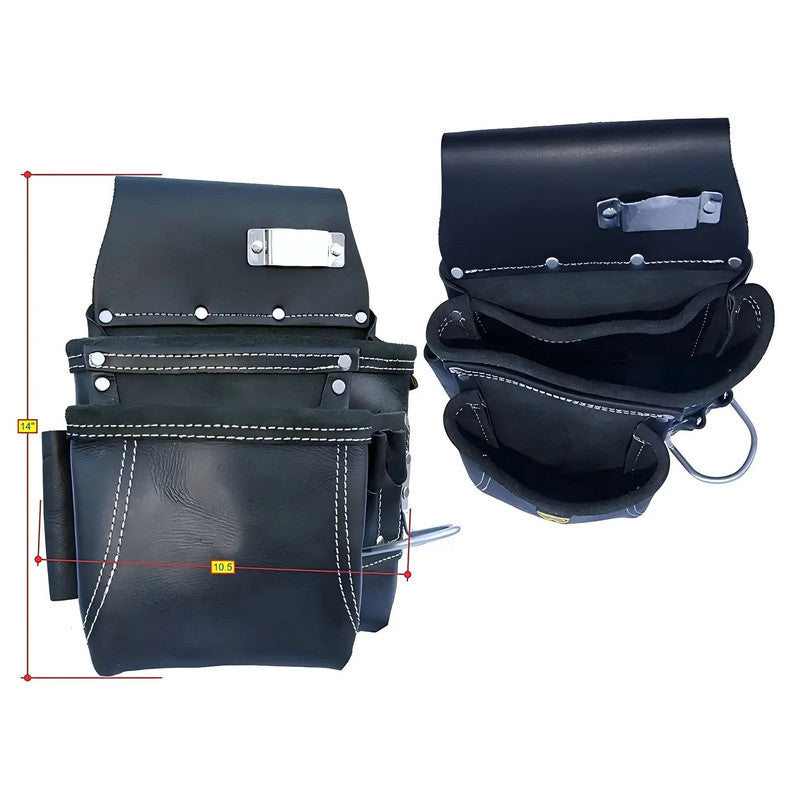Cowhide Leather Tool Bag Heavy Duty 15 Pockets Tool Pouch with 7 Large 1 Tape Holder 4 D-Ring Tool Belt