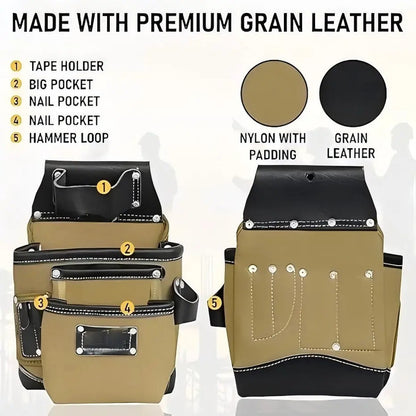 High Quality Cowhide Leather Electrician Tool Bags Large Capacity Heavy Duty Travel Friendly Builders Tool Pouch for Carpenters