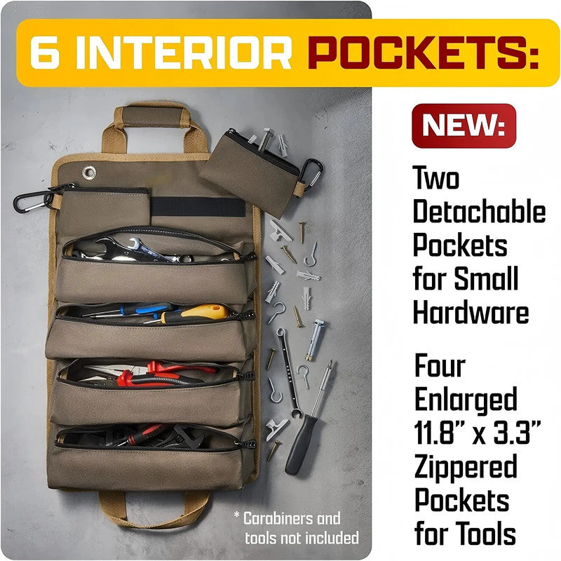 Small Tool Bag with Detachable Pouches Heavy Duty Roll Up Tool Bag Organizer with 6 Tool Pouches