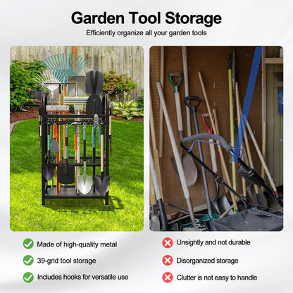 Garden Tool Organizer, Yard Tool Holder Rack for Long-Handled Tools Storage for Garage, Shed, Outdoor