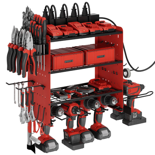 Modular Power Tool Organizer with Charging Station, Wall Mount Garage 4 Drill Shelf Rack